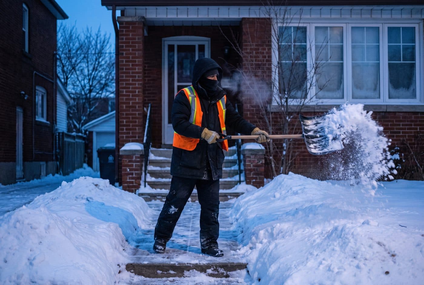 Worker shovelling snow from the front steps of a Toronto semi-detached house Worker shovelling snow from the front steps of a Toronto semi-detached house