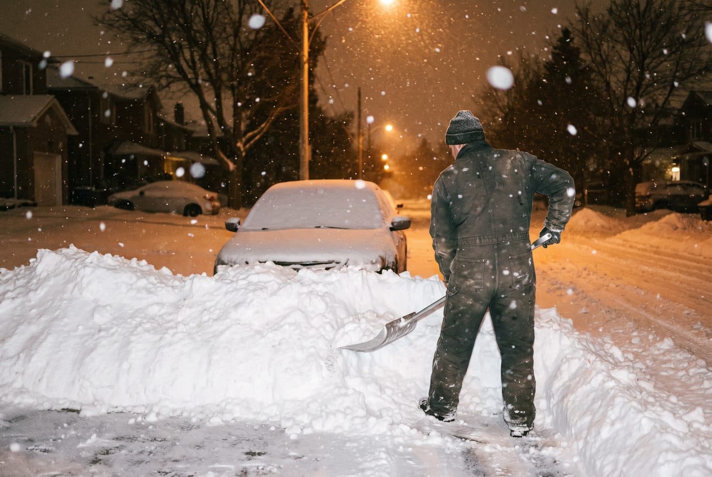 Worker breaking through a plow windrow at the end of a driveway at night Worker breaking through a plow windrow at the end of a driveway at night