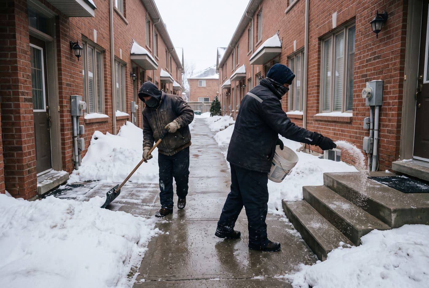 Two workers clearing and salting townhouse walkways after snowfall Two workers clearing and salting townhouse walkways after snowfall