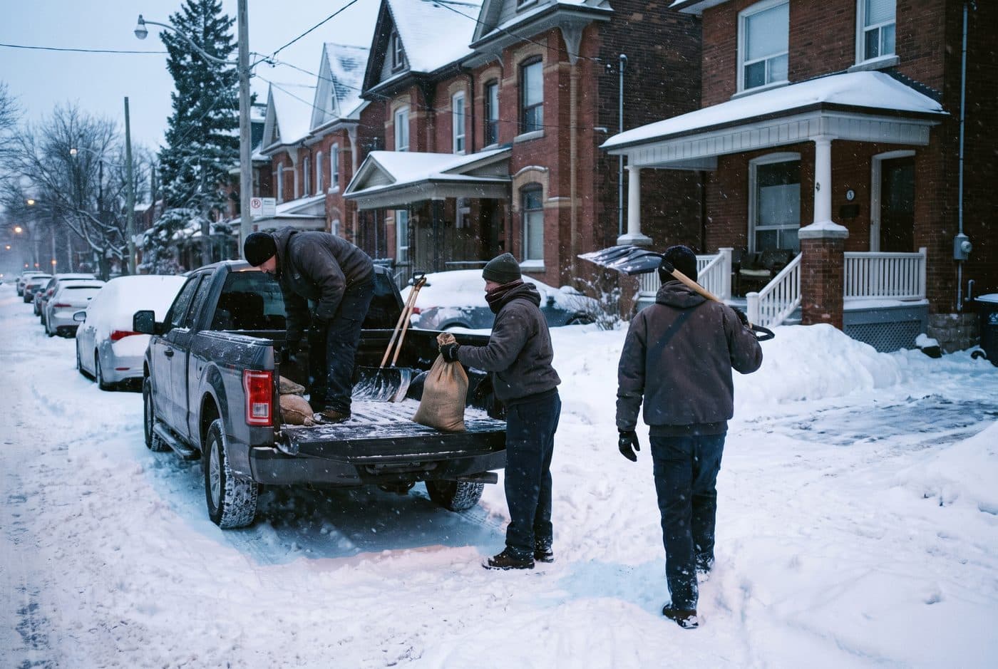 Crew unloading shovels and salt from a pickup on a snowy Toronto street at dawn Crew unloading shovels and salt from a pickup on a snowy Toronto street at dawn
