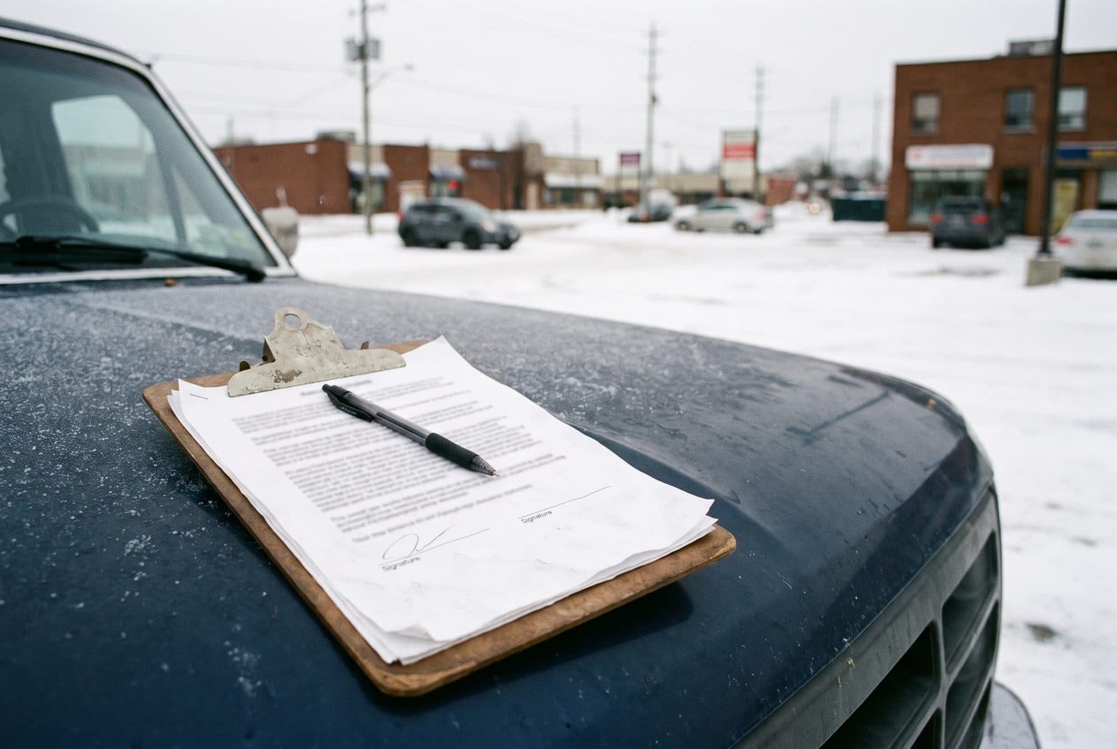 Signed contract on a clipboard with a pen, resting on a truck hood in a snowy parking lot Signed contract on a clipboard with a pen, resting on a truck hood in a snowy parking lot