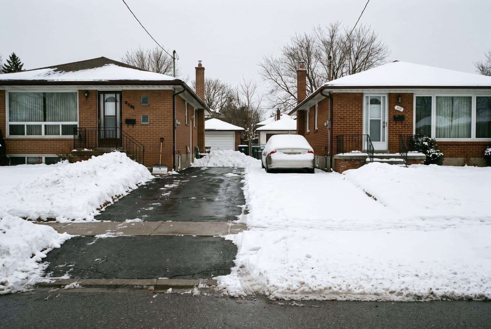 Two brick bungalows side by side, one driveway cleared of snow and the other still covered Two brick bungalows side by side, one driveway cleared of snow and the other still covered