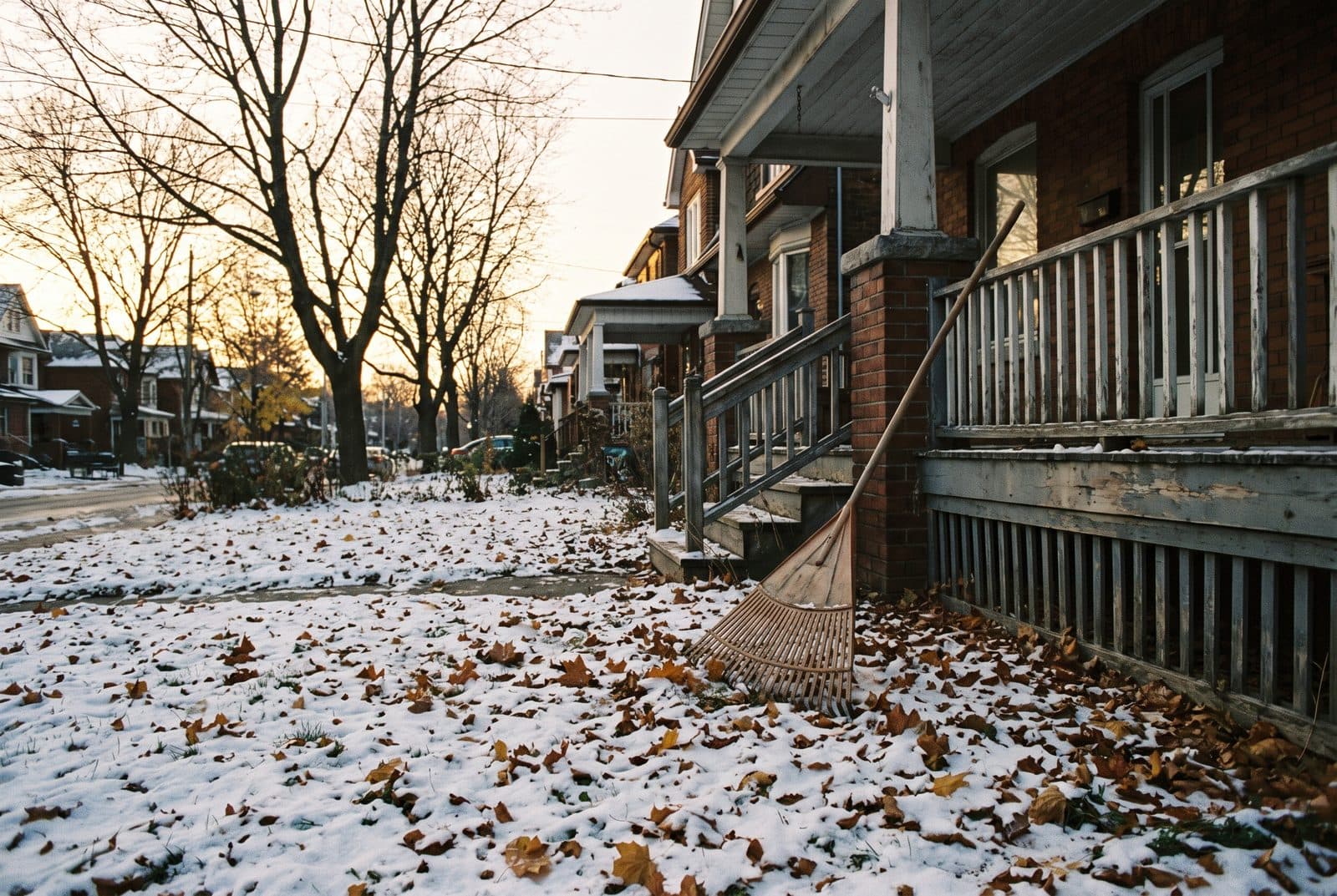 Rake leaning on a porch beside a lawn with a first light snowfall over fallen leaves Rake leaning on a porch beside a lawn with a first light snowfall over fallen leaves